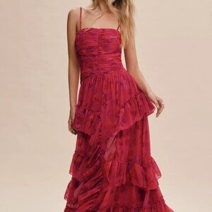 BHLDN Thalia Printed Ruched Square-Neck Ruffle Chiffon Gown